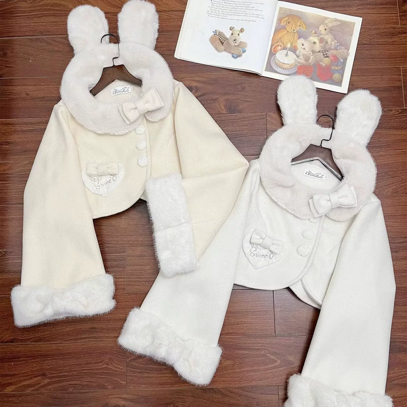 Christmas Peter Pan Collar Plush-Trim Lolita Cape — Light Yellow - Fleece-Lined Version