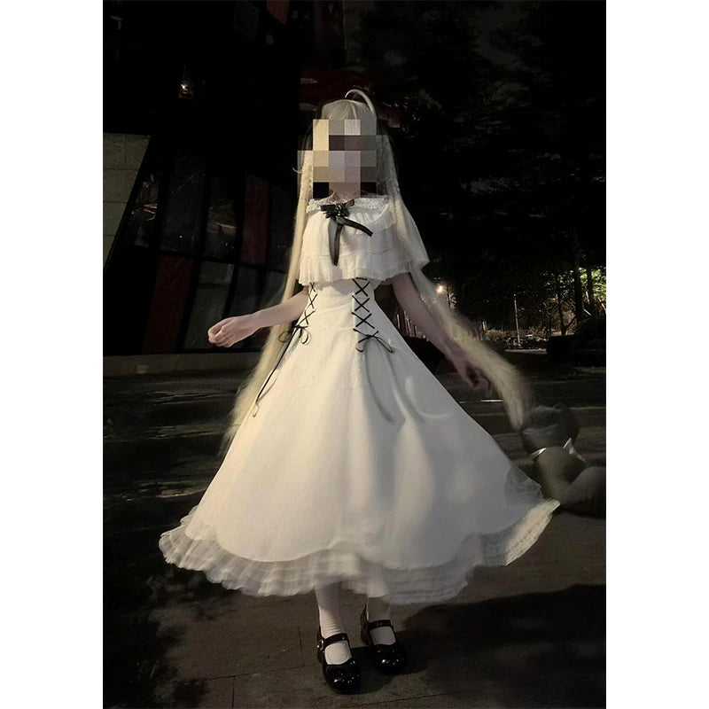 Creamy - Bow-Laced - White Lolita Dress with a Full Skirt and Waist Ties