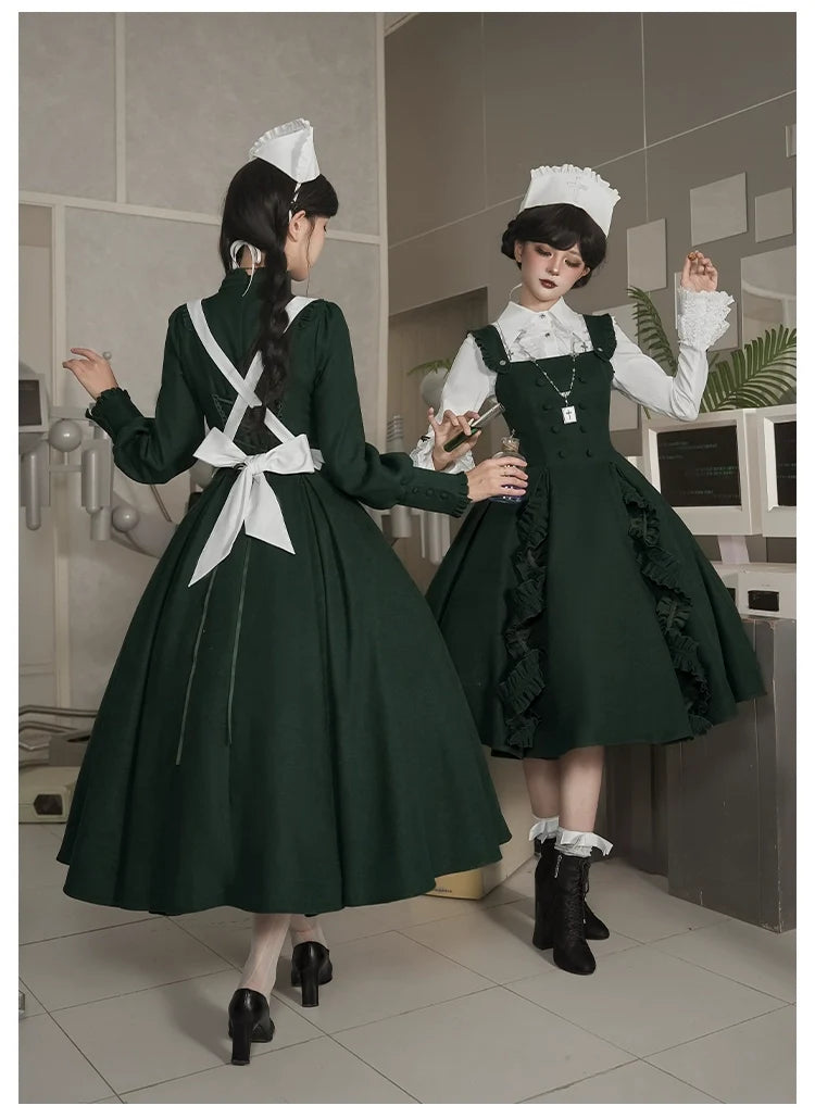 With PUJI - Abyss Clinic - Gothic Lolita Green Dress Set, Embroidery Accent