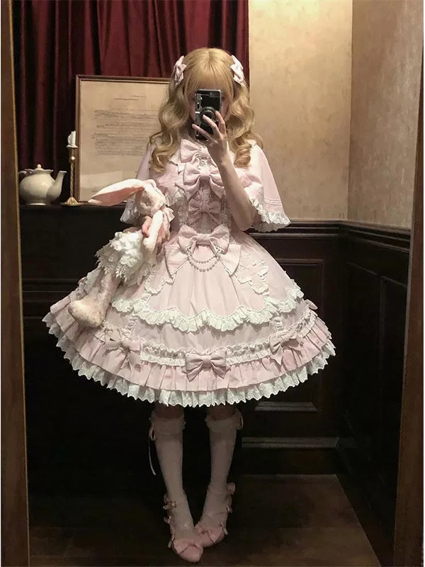 Creamy - Vintage Pink - JSK suspender dress set with a cape and bow