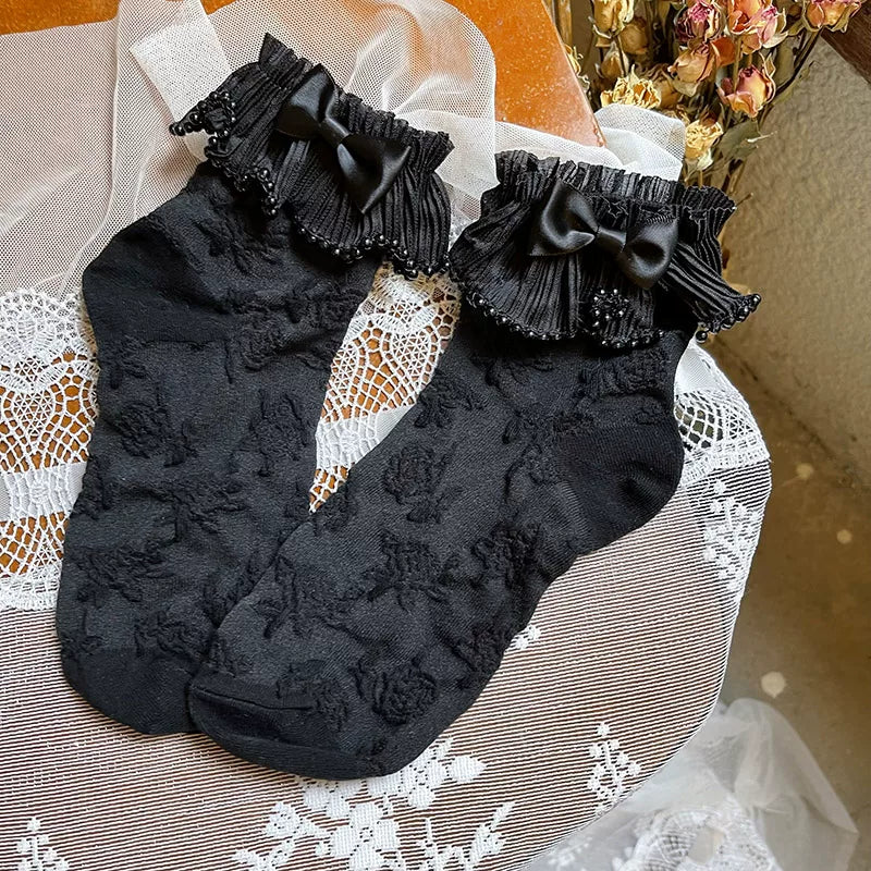 Sock Noble - Pearl Bow - Short Socks with Lace Ruffle Cuffs