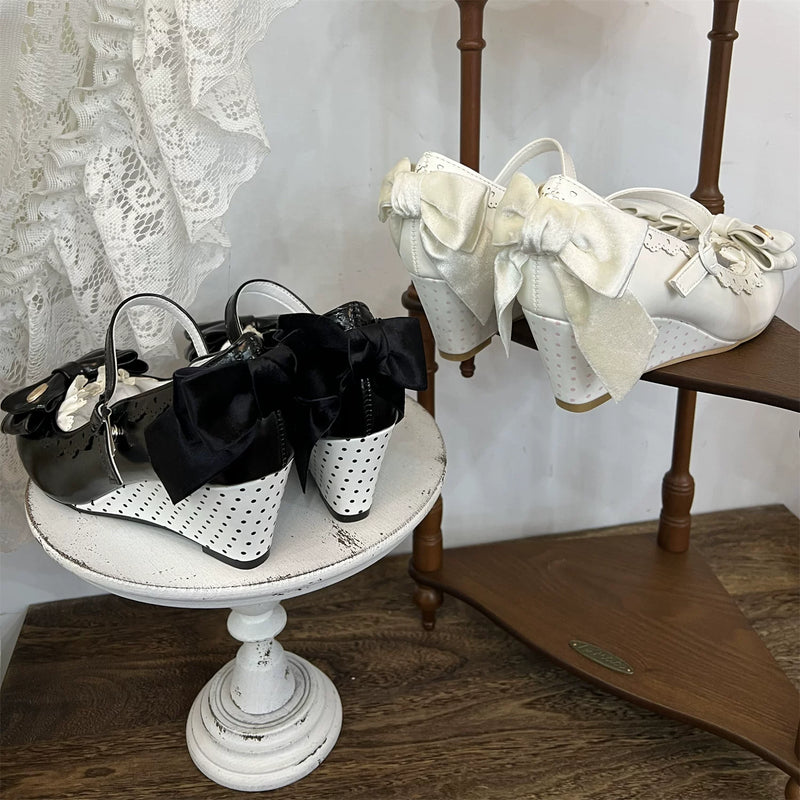 MODO Miss Polka Dot Bow Wedge Lolita Shoes – design details – view 3