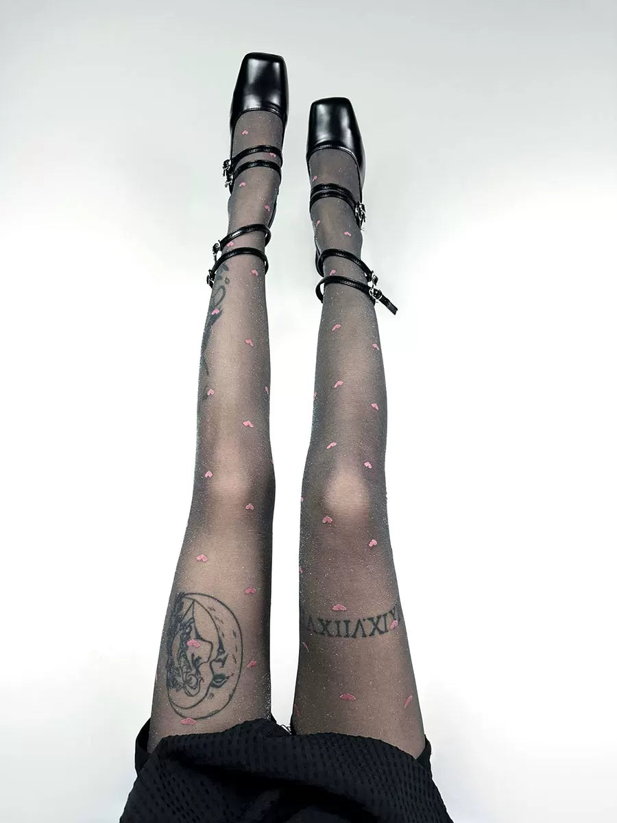 White Socks - Heart Jacquard Tights - Black tights with purple hearts and metallic thread