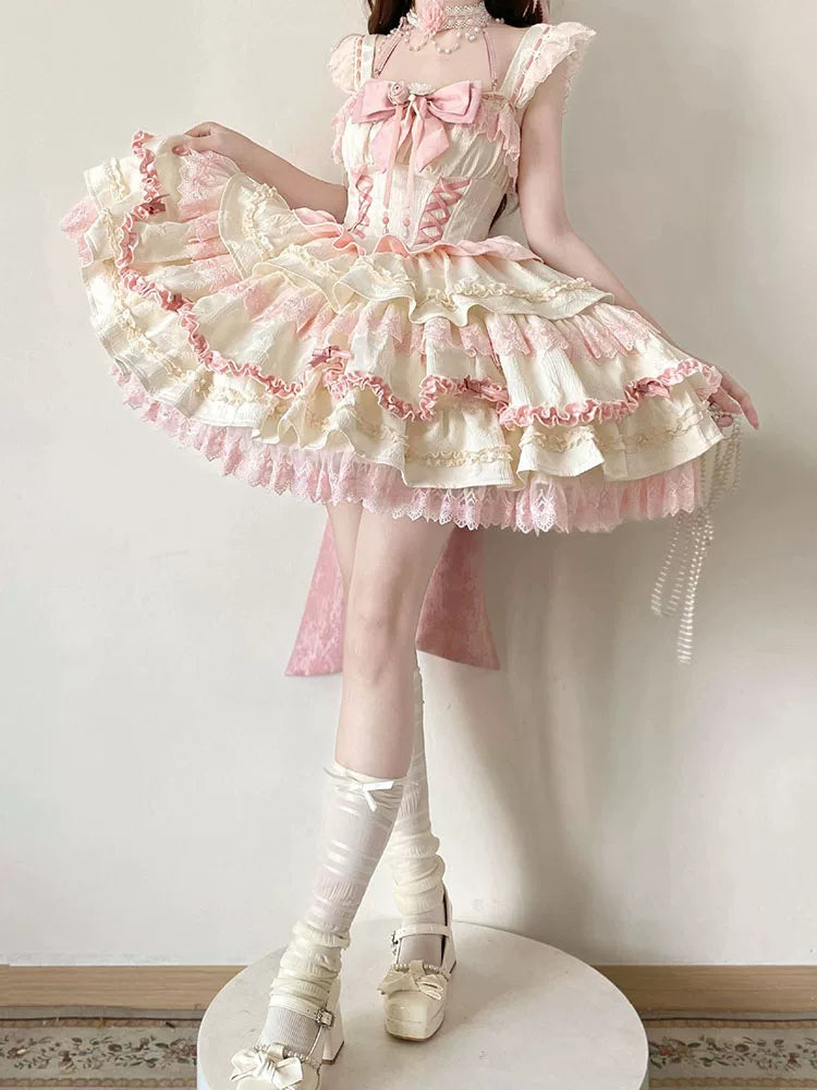 White Sugar Girl - Floral Dream Lolita OP - Pink embellished