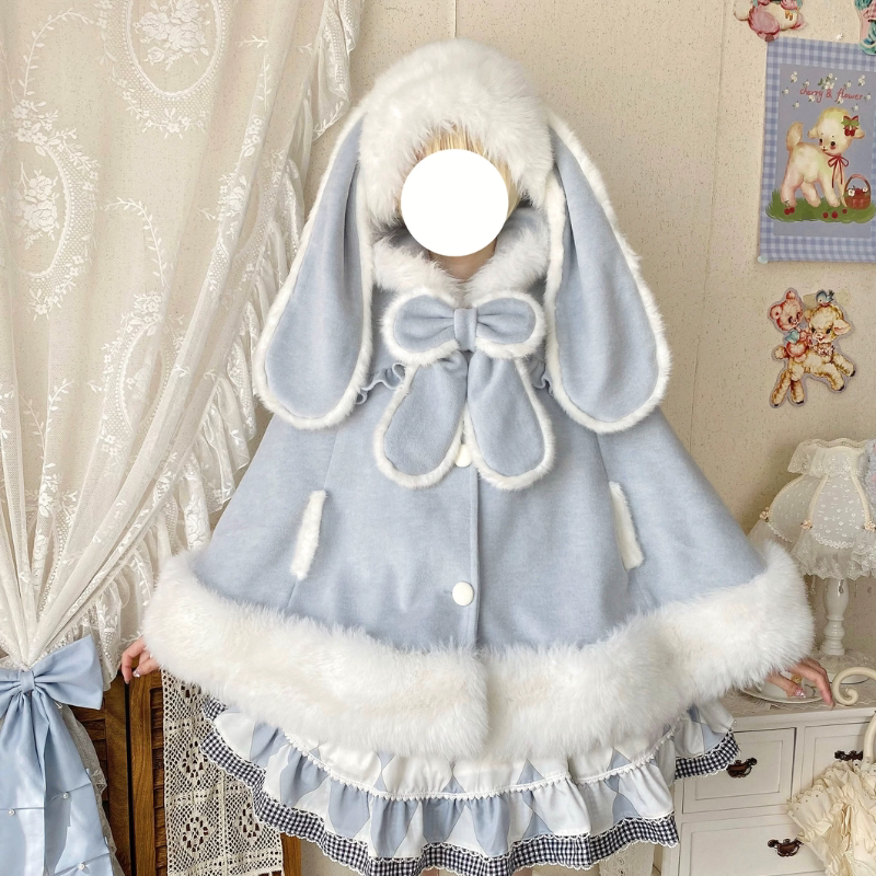 Pink bunny-ear Lolita cape with white trim and front bow