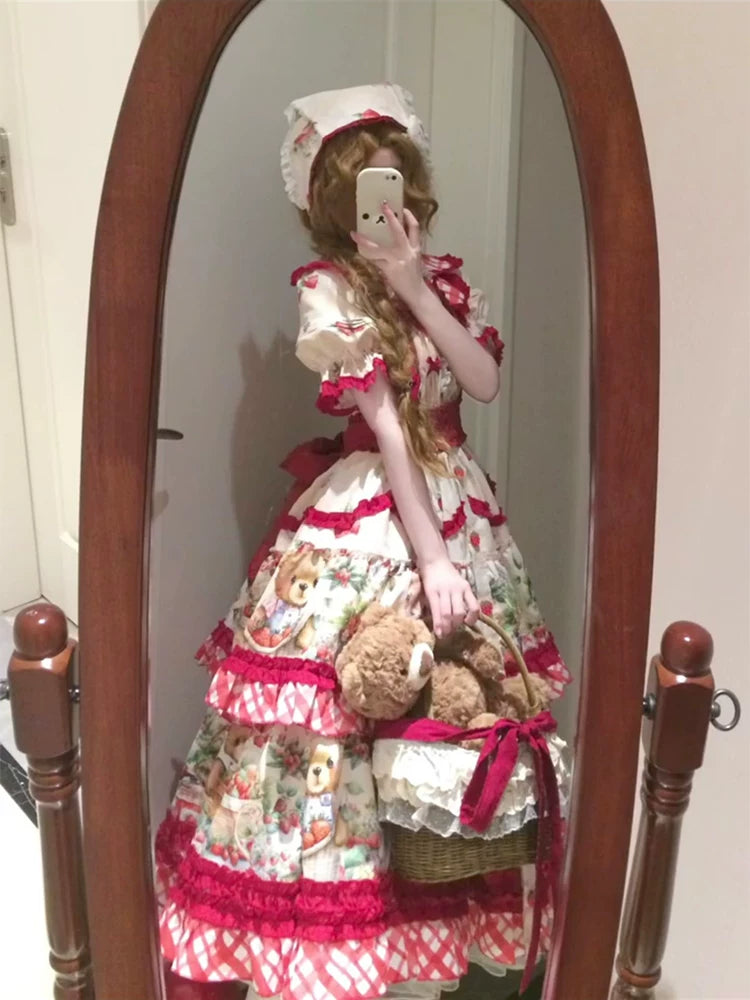 Dream Bunny - December Strawberry Field - Strawberry-Print One-Piece Dress with Red Gingham Ruffles