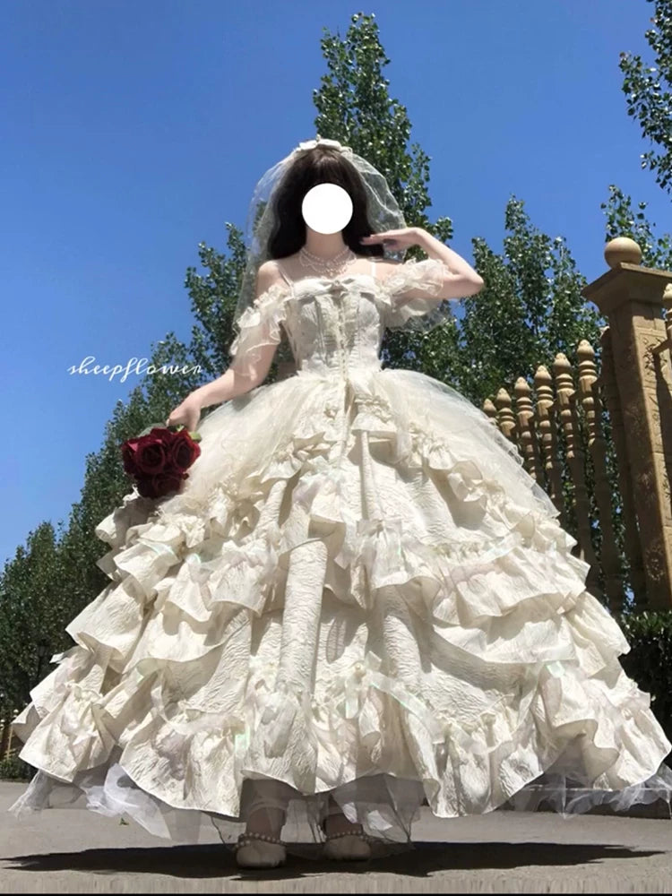 Flora Muse sweet lolita bridal ballgown in champagne with matching petticoat, displaying full voluminous skirt