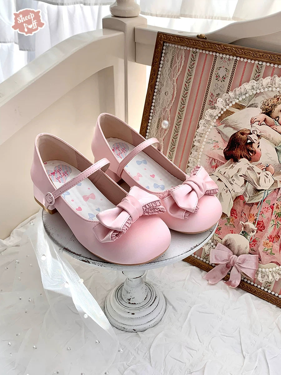 Sheep Puff Sheep Puff Bedtime Fairy Tale Satin Low Heel Lolita Shoes with adorable sheep puff embellishments and satin finish.
