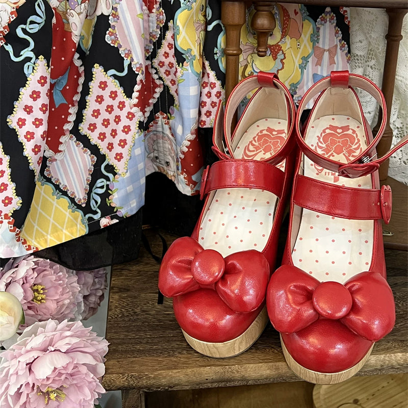 现货丨昭和万花筒丨lolita鞋坡跟松糕可爱尖圆头泡泡蝴蝶结