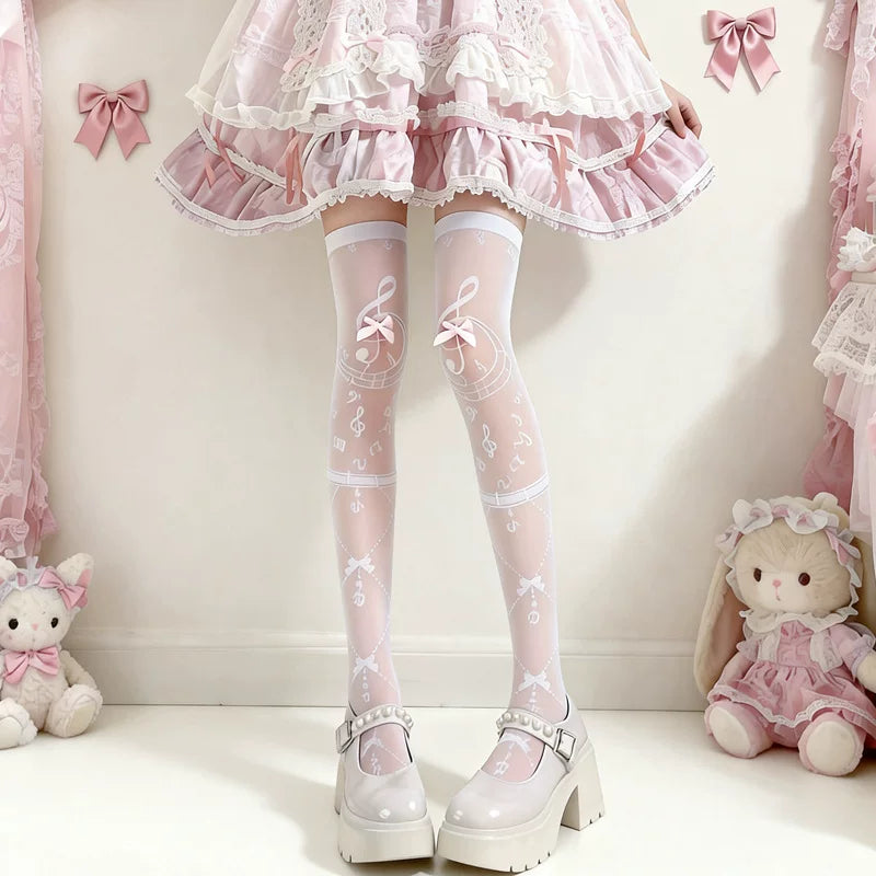 Fantasy Doll - Musical Note Sweetness - White Thigh-High Socks with Bow Accents