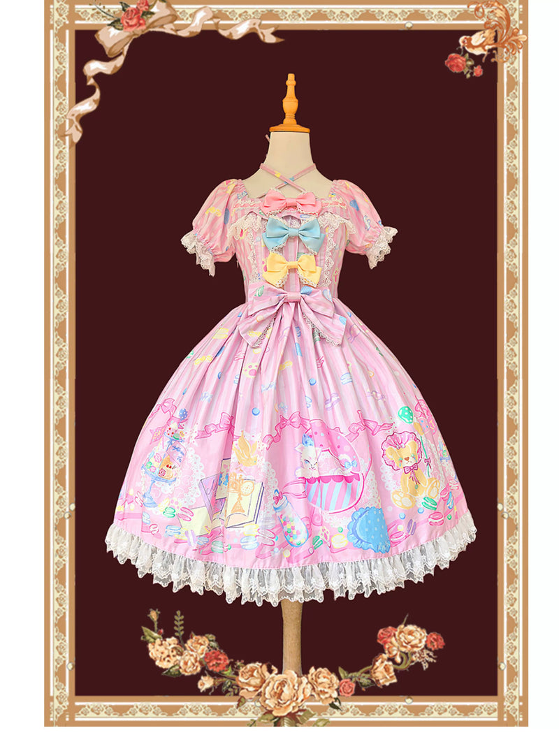 Macaron Dolly House - Sweet Lolita OP Printed Dress, Side Zipper Pink OP Only S