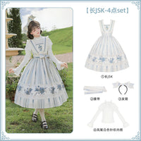 With PUJI - Iris - Lolita JSK Dress, Embroidery & Print - Long JSK 4-piece set (Long JSK + Belt + Headband + White Knit Top) - Pre-order, ships from Nov 6 / S