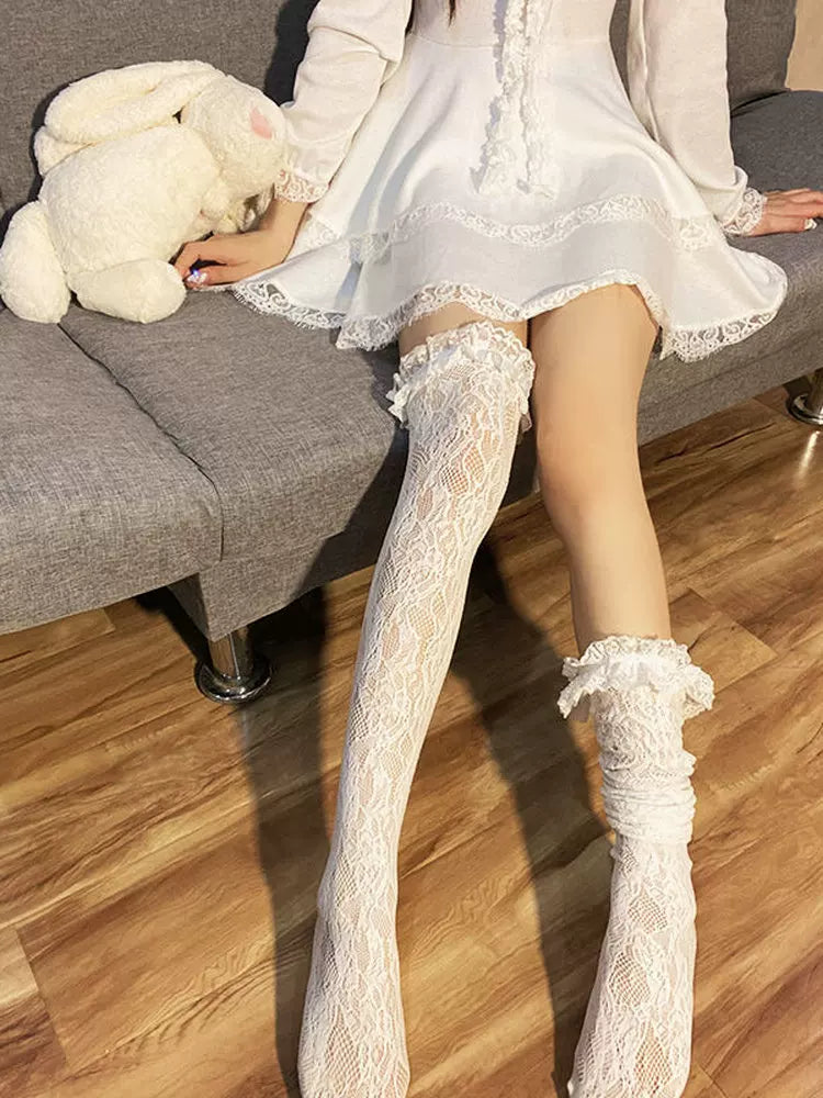 Fantasy Doll - Lace Garden - Over-the-knee socks with ruffled lace cuffs