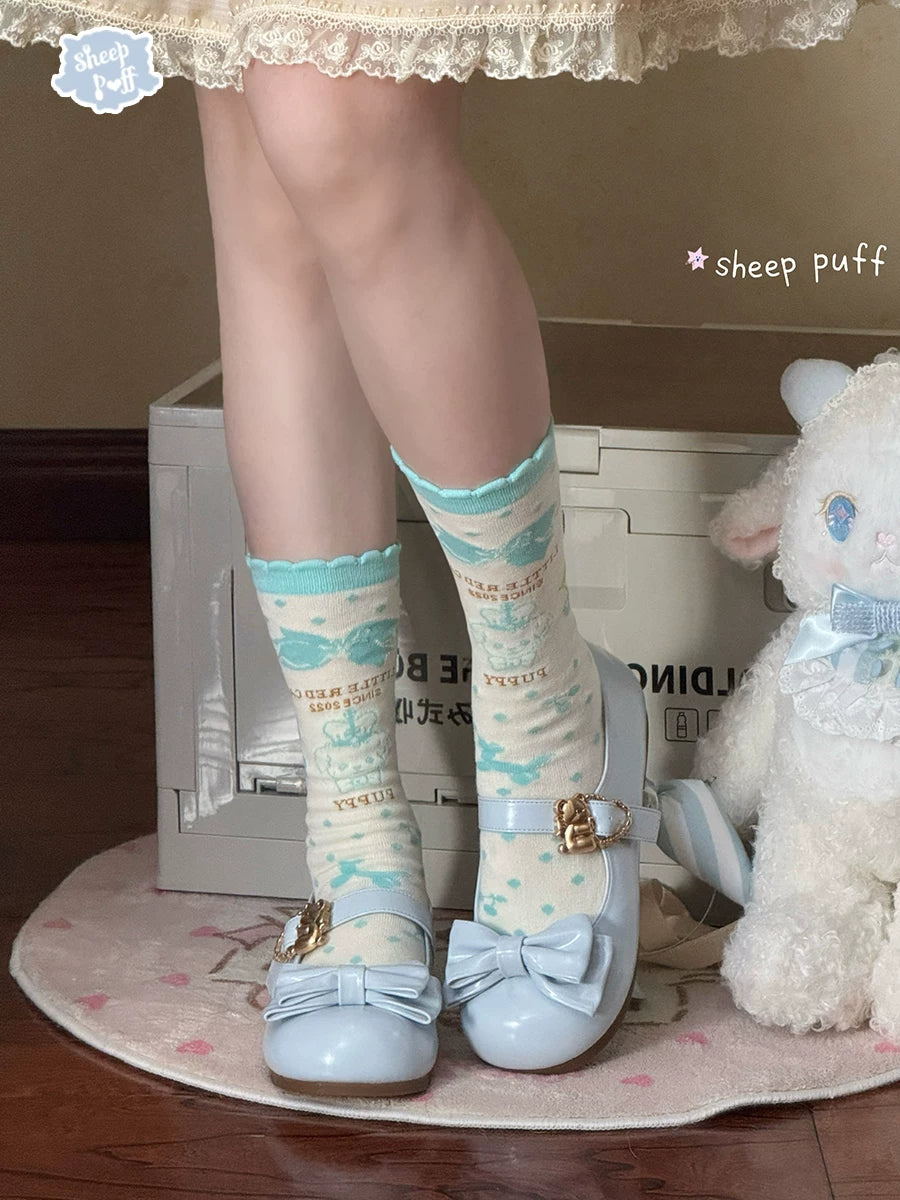 Sheep Puff soft sole hugging bear low heel Lolita shoes in white with playful bear design and comfortable fit