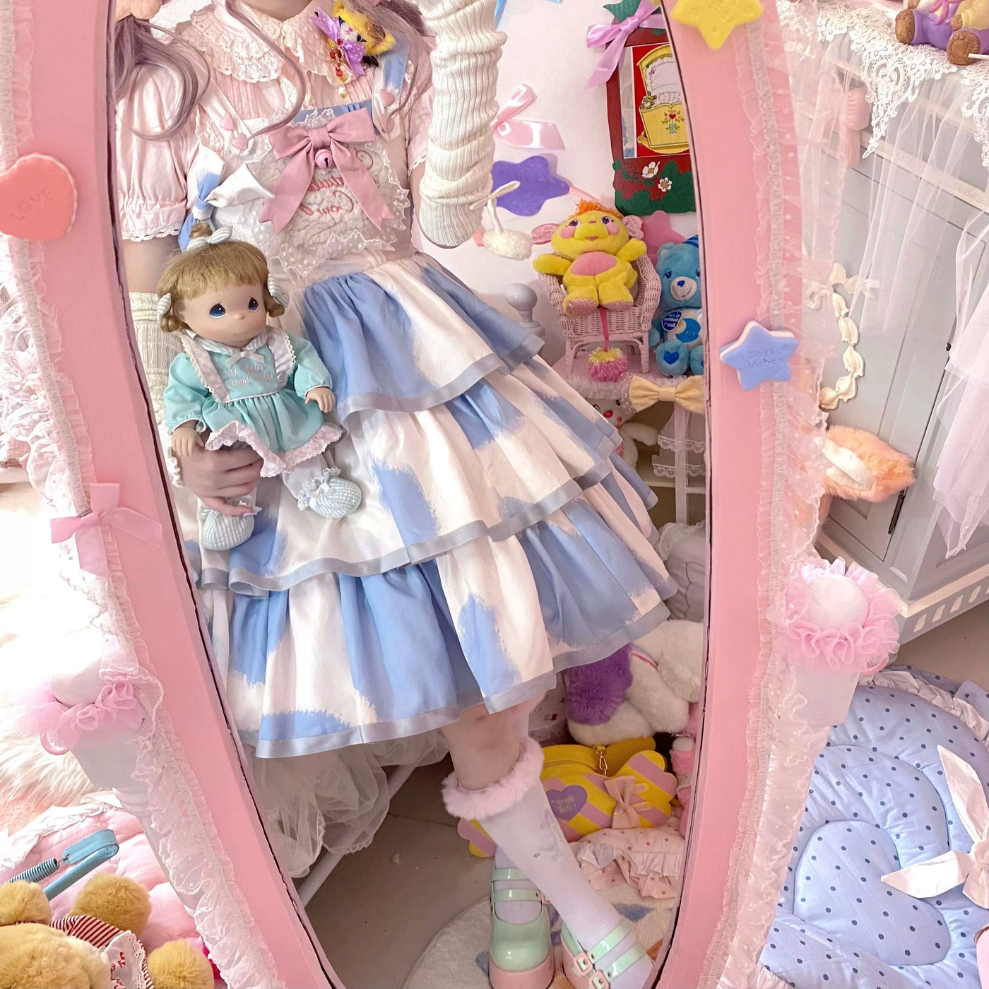 Tata Long Ear - Milk Cake Cow Print - Cow-Print JSK Dress with Three-Section Skirt
