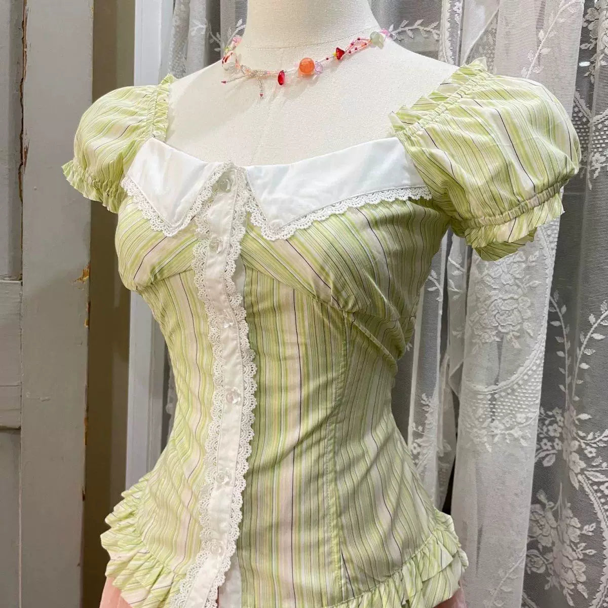 Sweetheart Dream Machine - Vintage Stripe - Green Striped Short-Sleeve Top with Lace Collar