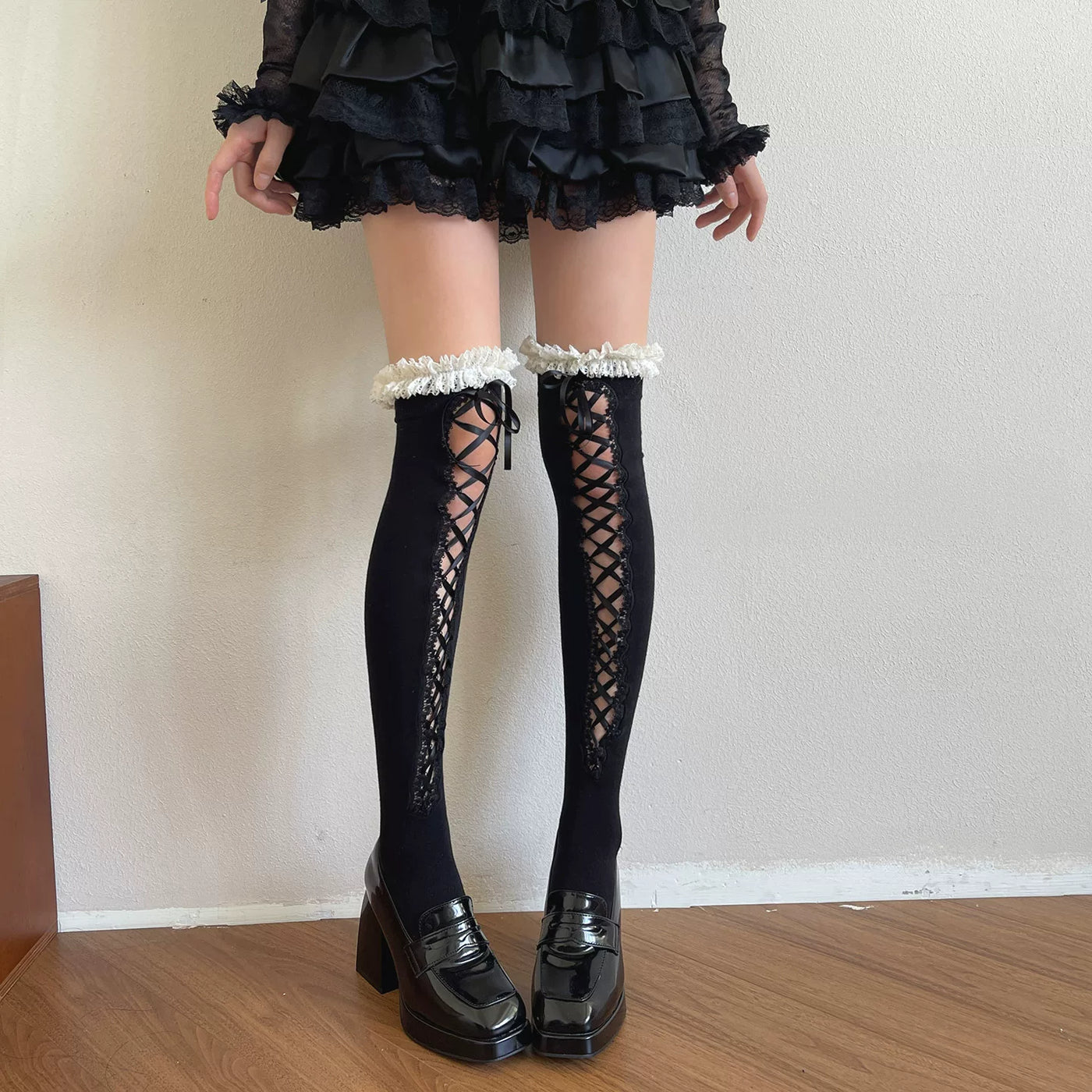 Sock Noble - Ballet Lace-Up - Lace-Up Thigh-High Socks with Ruffled Tops