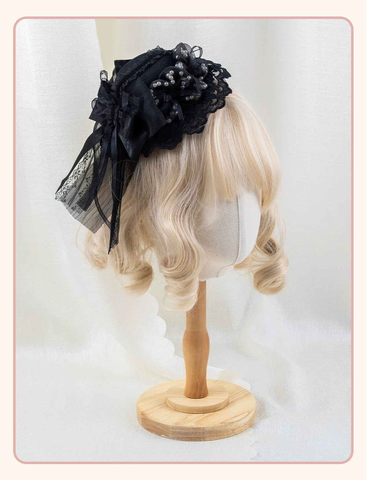 Stardust Rose - A035 Black Lace - Black Lace Headwear and Hand Sleeves with Ribbon Bows