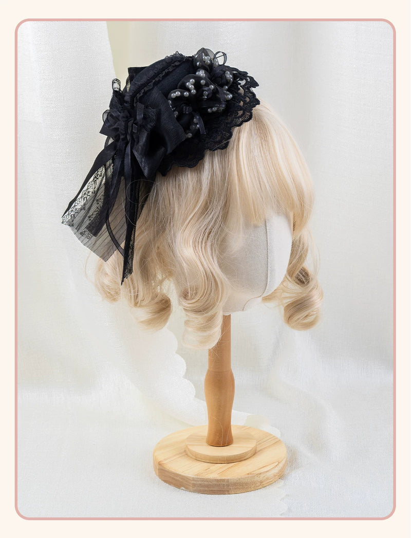 Stardust Rose - A035 Black Lace - Black Lace Headwear and Hand Sleeves with Ribbon Bows