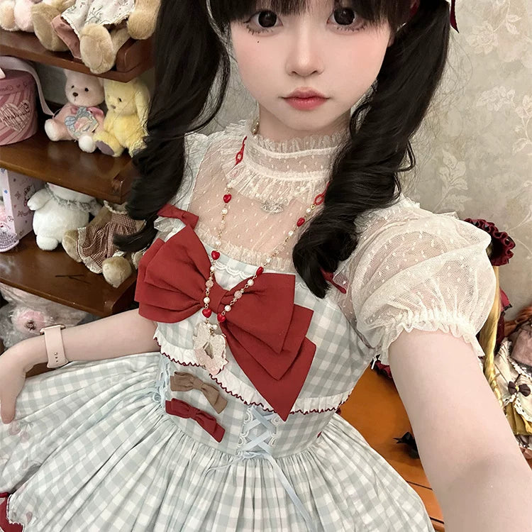 Baozi Pig - Polka-Dot Ruffle - Sheer Inner Layer with Short Puff Sleeves