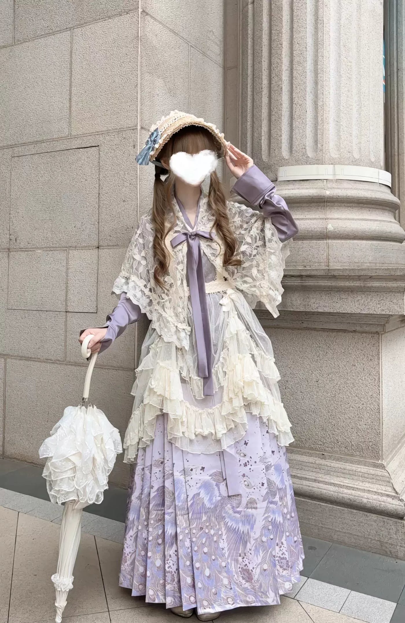 Creamy - Purple Cross-Collar - Hanfu-Inspired Lolita Set with Mamian Skirt and Beige Layers