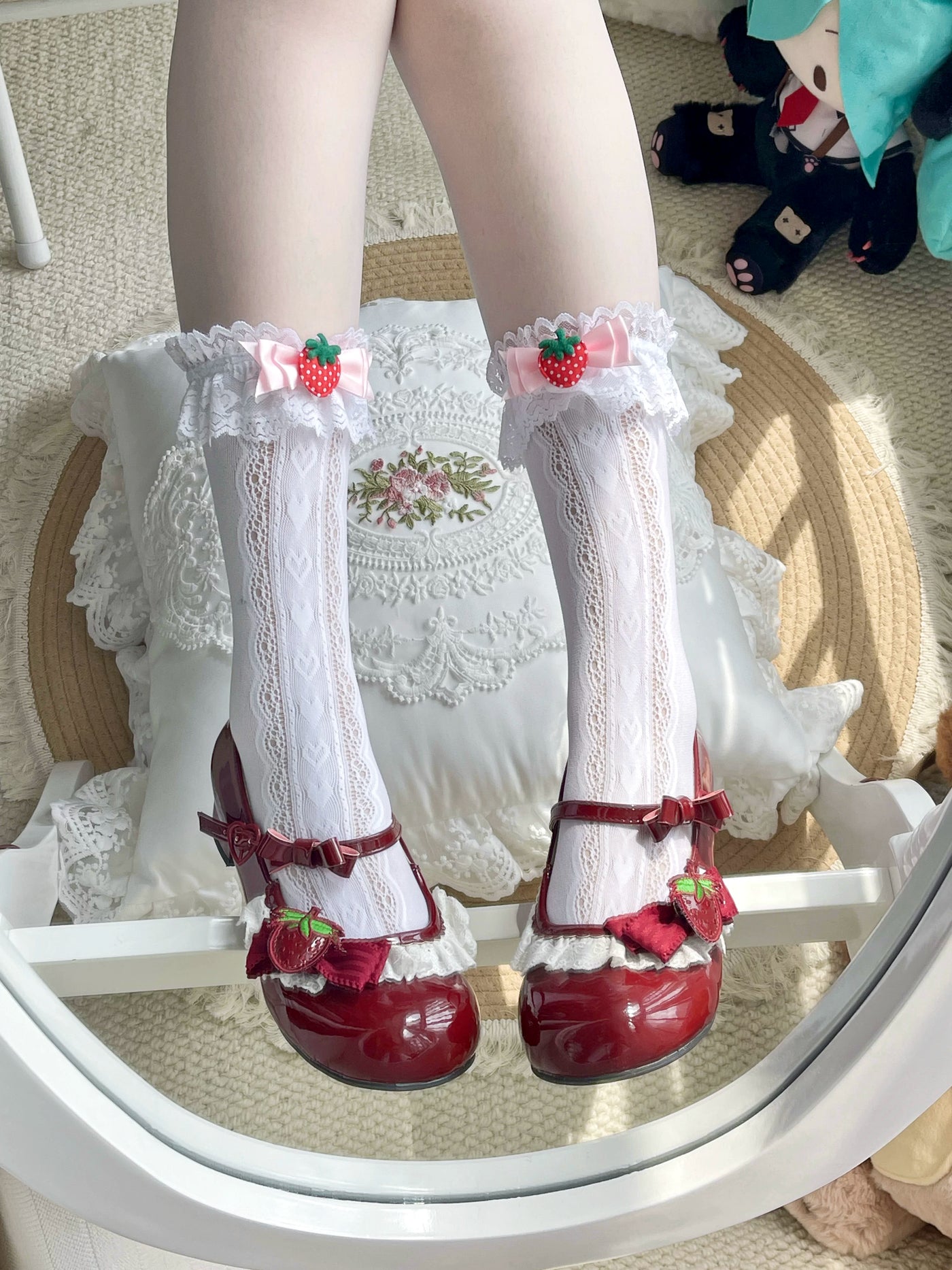 Fantasy Doll - Strawberry Bow - Mid-Calf Socks with Strawberry Motifs and Lace Trim