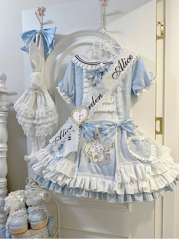 Front view of Alice in Wonderland themed Lolita one-piece dress