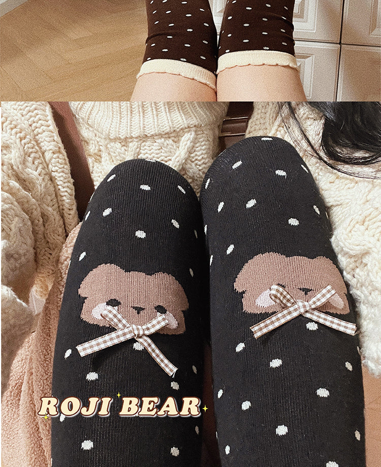 Roji Roji - Bear Dots Bow Cotton Lolita Thigh - Stockings Socks