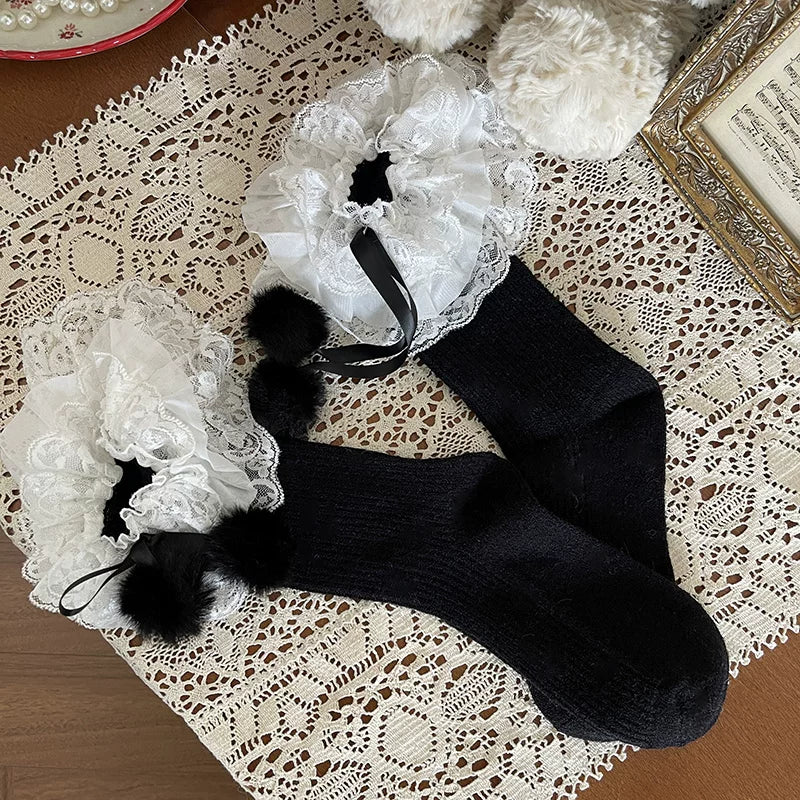 Sock Noble - Christmas Ribbon Fur Ball - Slouch socks and basic white tights with red-ribbon or fur-ball accents