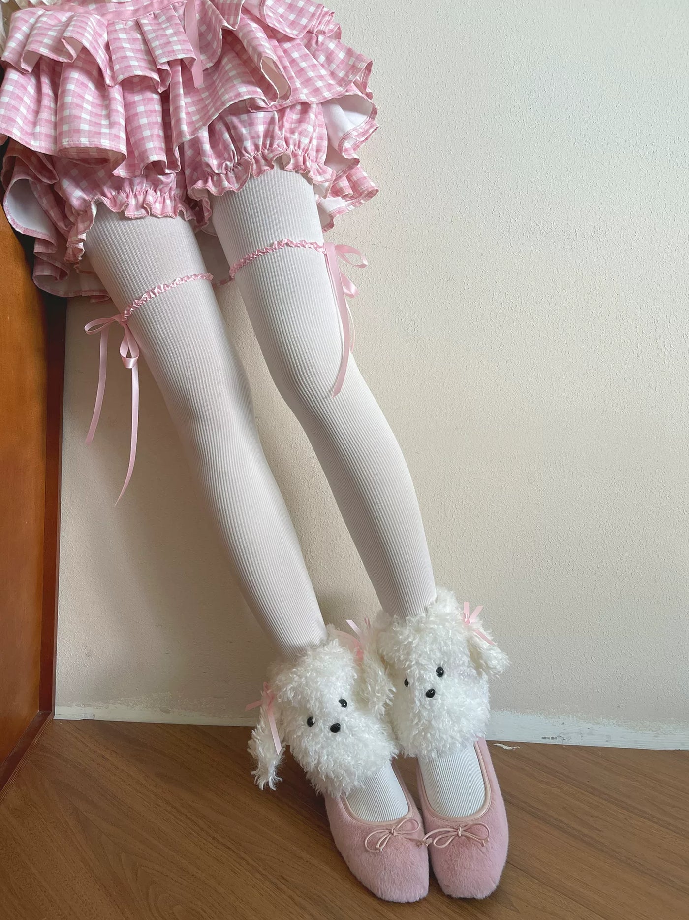 Sock Noble - Curly Dog Satin - Sock covers or pantyhose with pink bows and lace accents