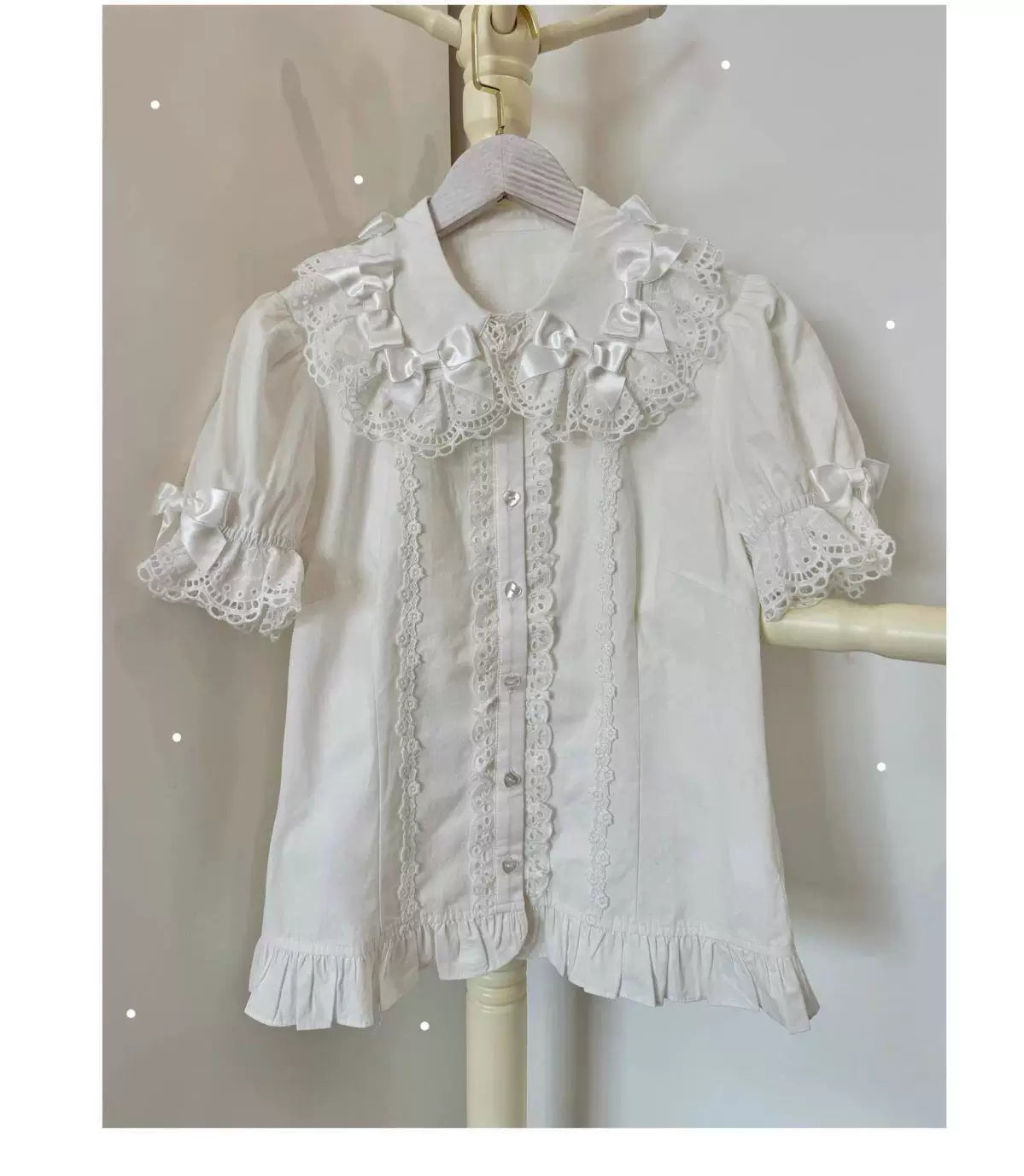 Sweetheart Dream Machine - Vintage Doll Collar - Blouse with Lace Trim, Bow Accents and Ruffled Hem