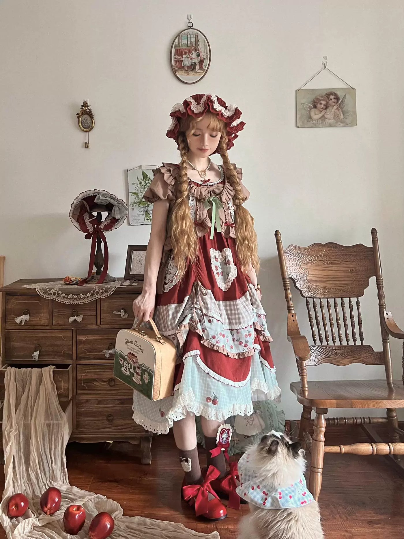 Baozi Pig - Cherry Pastoral - Red OP Dress with Cherry Print