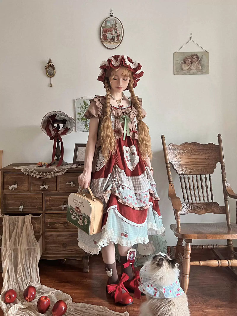 Baozi Pig - Cherry Pastoral - Red OP Dress with Cherry Print