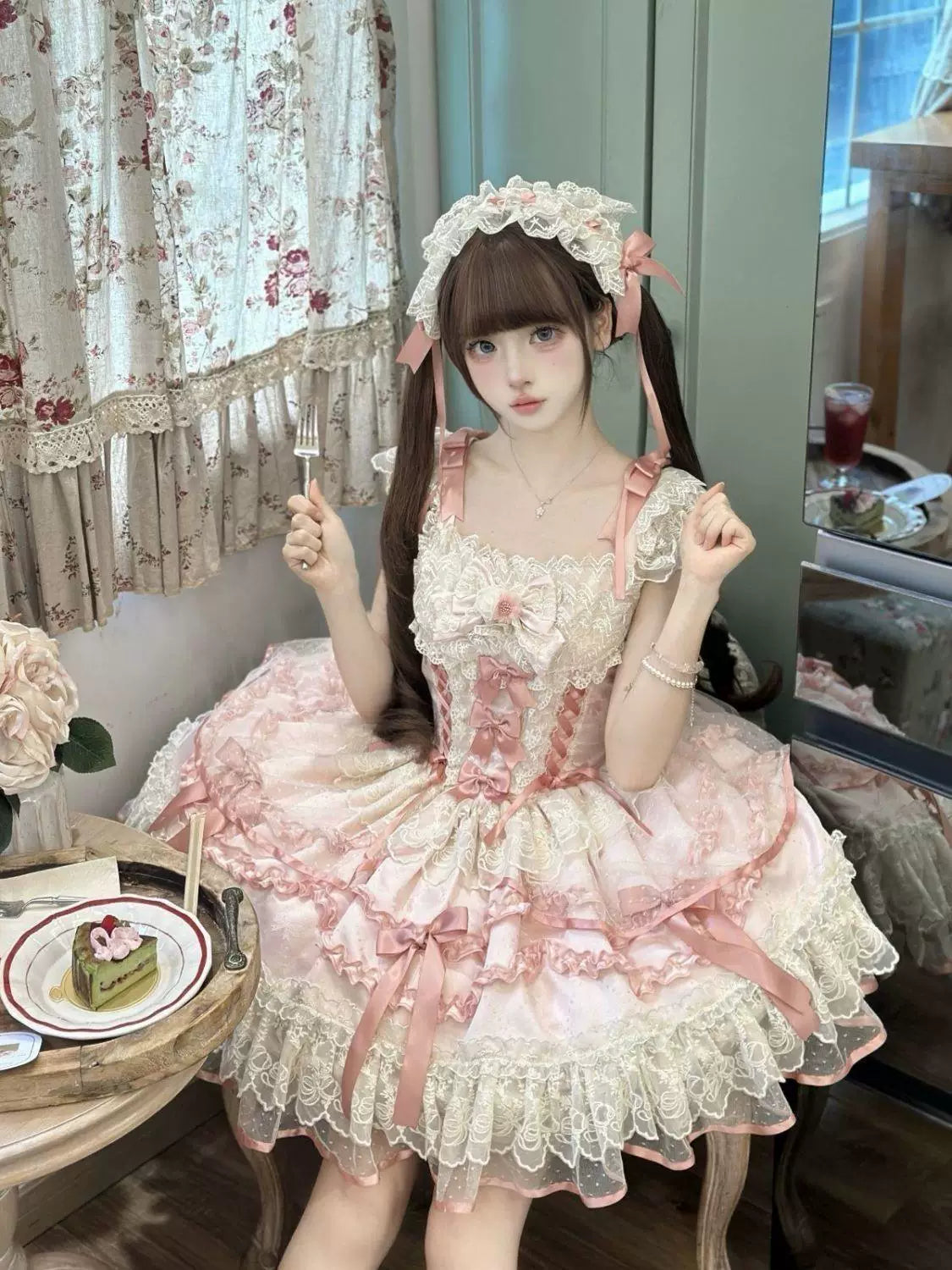 Sweetheart Dream Machine - Rose Poem Ballet - Strappy JSK dress with lace ruffles and ribbon bows