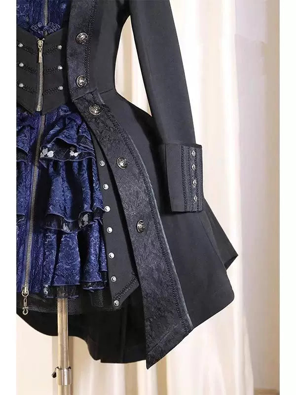 Creamy - Gothic Tailcoat - Black Long Coat with Decorative Button Rows