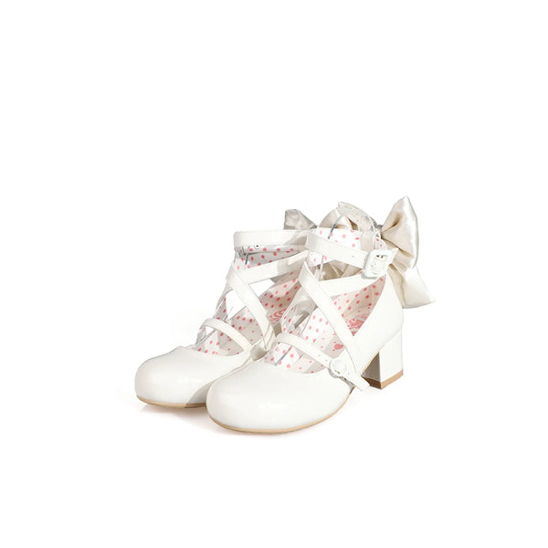 White Sweet Lolita shoes with crisscross straps and large back bows