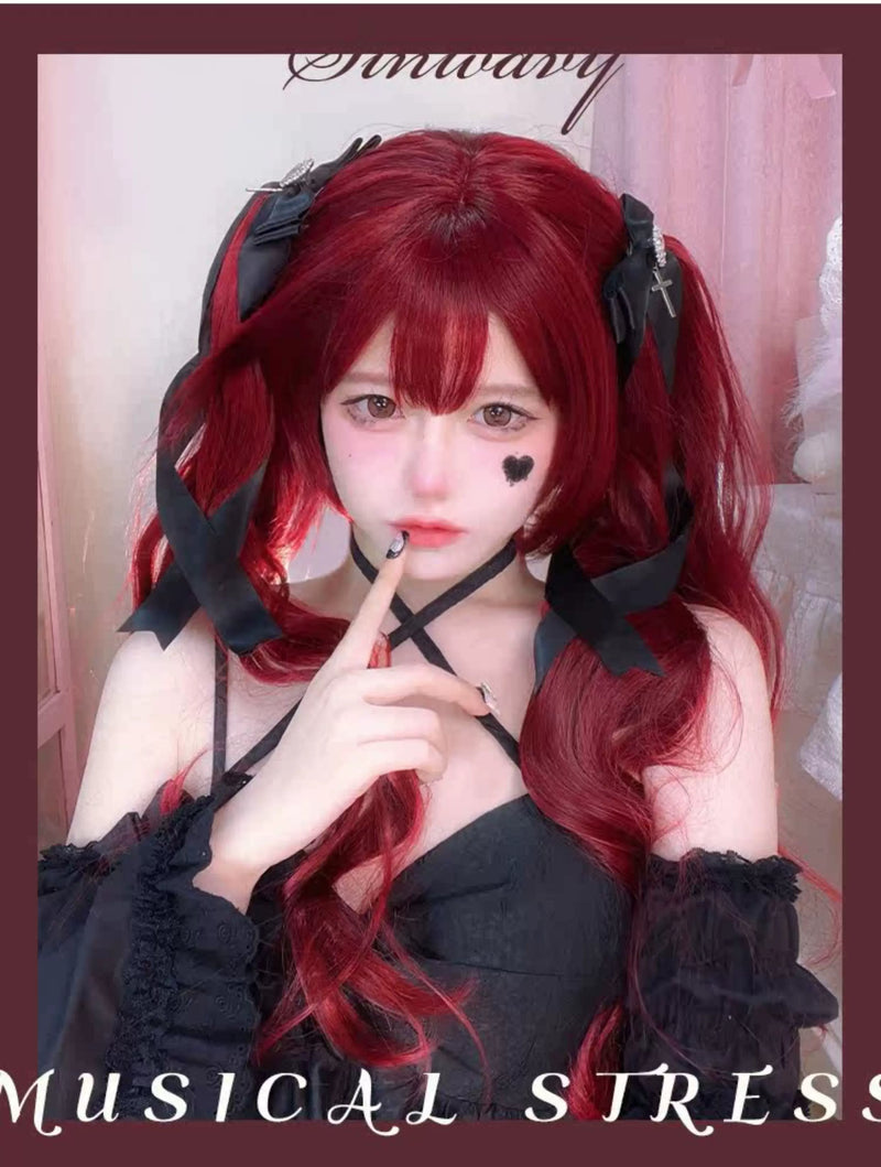 Raspberry-red gothic Lolita twin-tail wig - view 5
