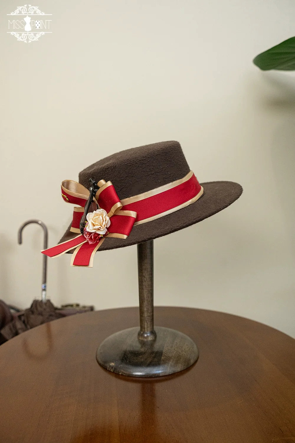 Elegant Lolita Top Hat - Golden Movement Lolita Hat Brown large hat - red bow tie