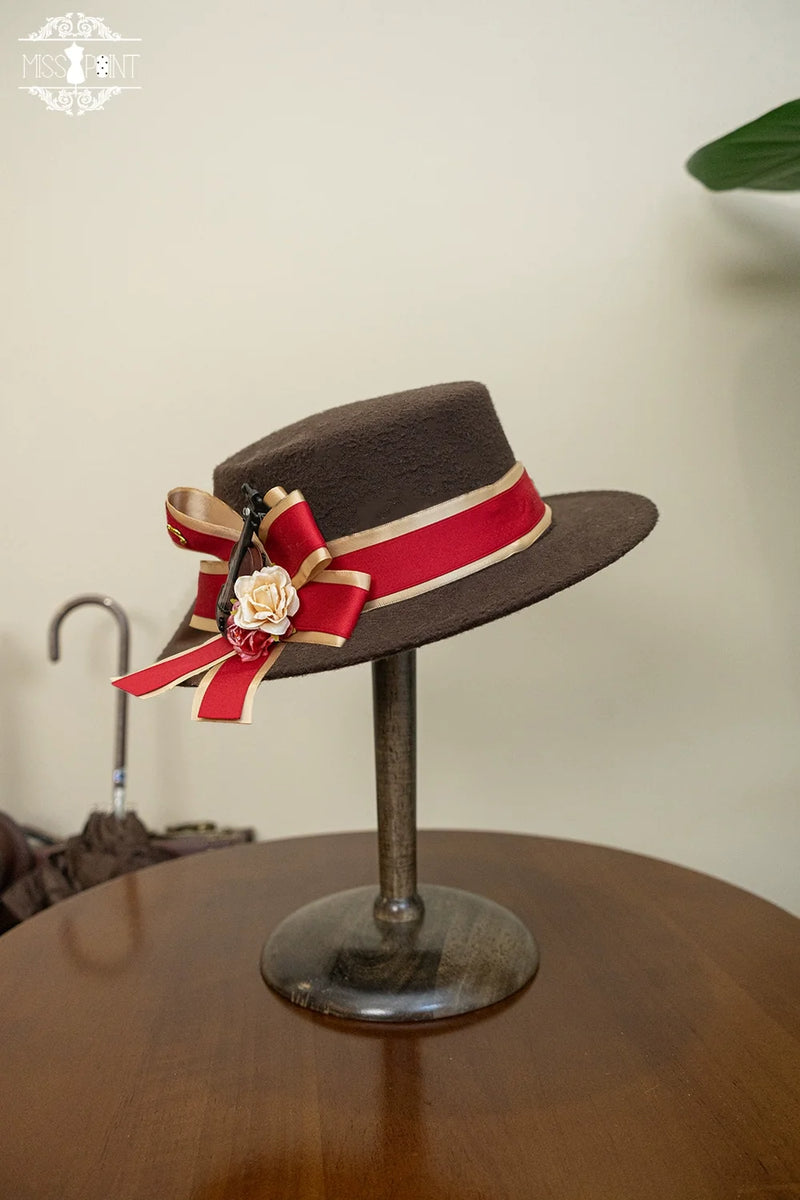 Elegant Lolita Top Hat - Golden Movement Lolita Hat Brown large hat - red bow tie