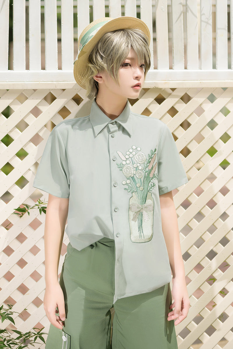 Princess Chronicles - Limited Flowering Time - Retro Green Flower Embroidery Shirt