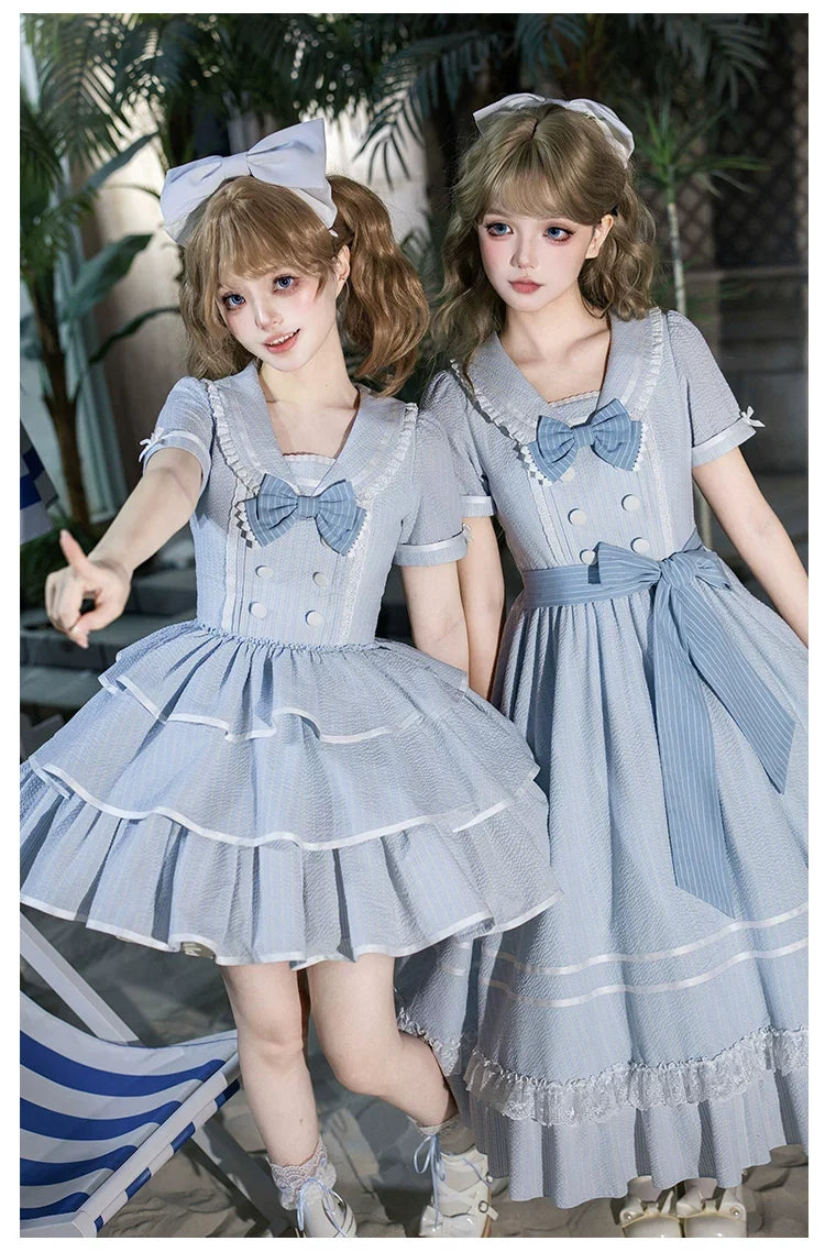 With PUJI - Seven-Day Bell - Blue Classic Lolita Striped OP Dress, Sailor Collar