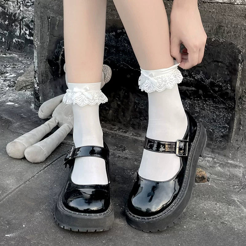 Floral Milk Cat - Lace Bow - Mid-Calf Socks with Lace Cuffs