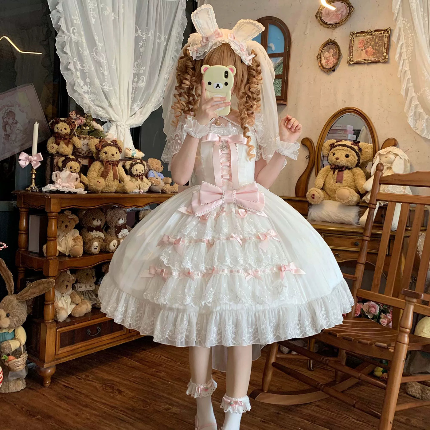 Moon Lily - Love Snow - White-and-Pink or Pure-White JSK with Layered Lace and Bows