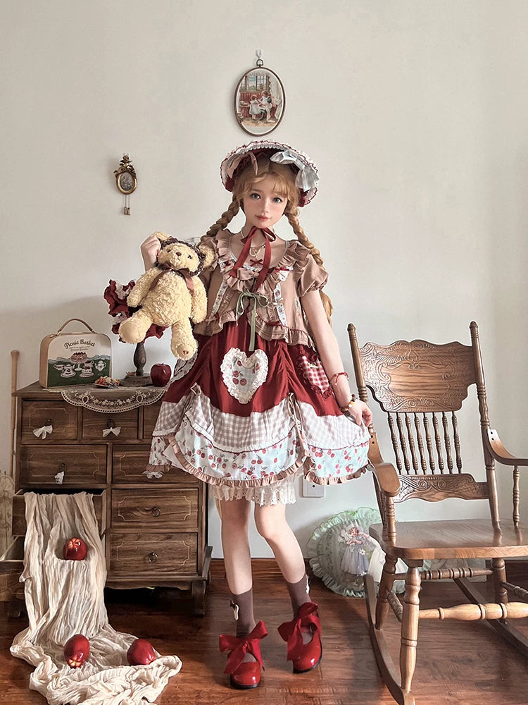 Baozi Pig - Cherry Pastoral - Red OP Dress with Cherry Print