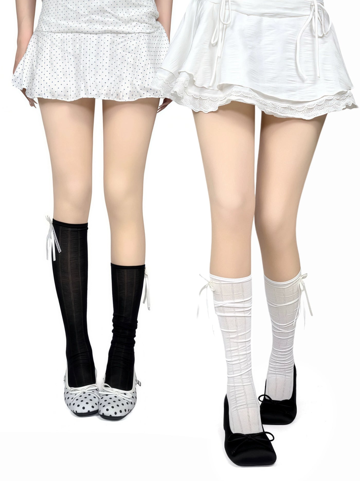 White, grey or black slouch socks with vertical stripes and lace bows