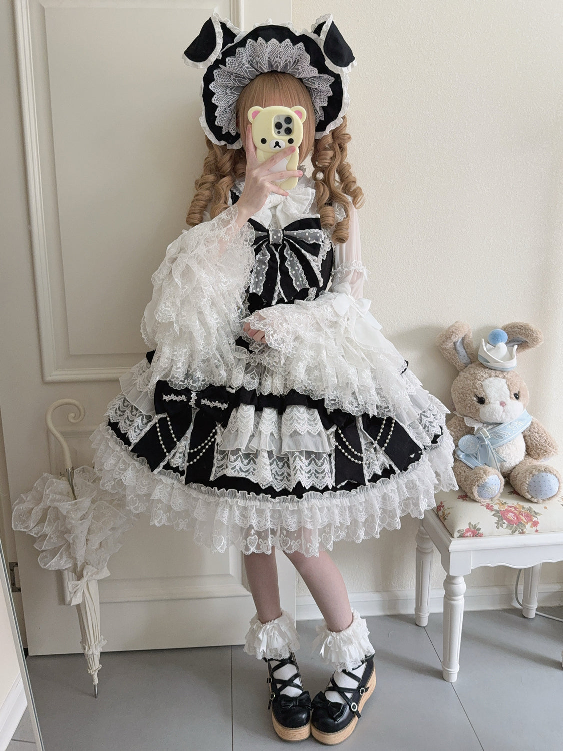 Hanguliang - Cross Heart Knot - Sweet Lolita JSK Suit Tiered Ruffles Dress, Lace Blouse