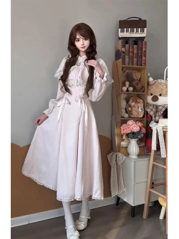 Creamy - Japanese Sweet Lace - Pink Lolita Dress with a Lace-Trimmed Bow Cape Overlay
