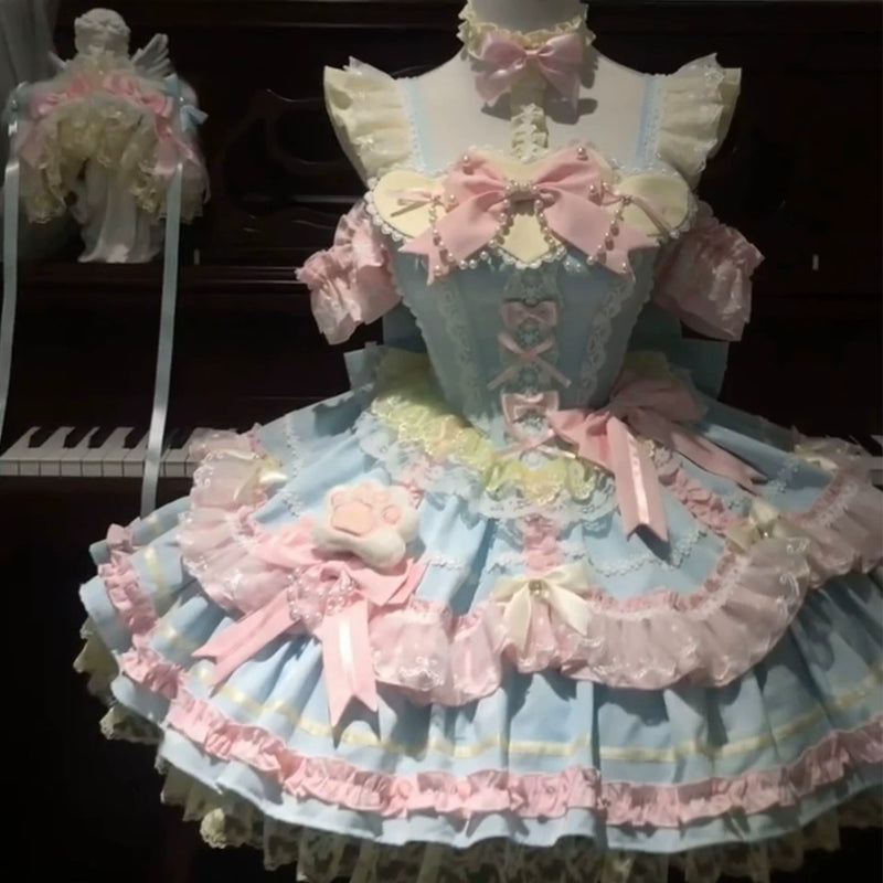 Xiao Xin - Blue-Pink Candy Sweet Lolita - Pastel Blue and Pink JSK Dress with Layered Ruffle Trim