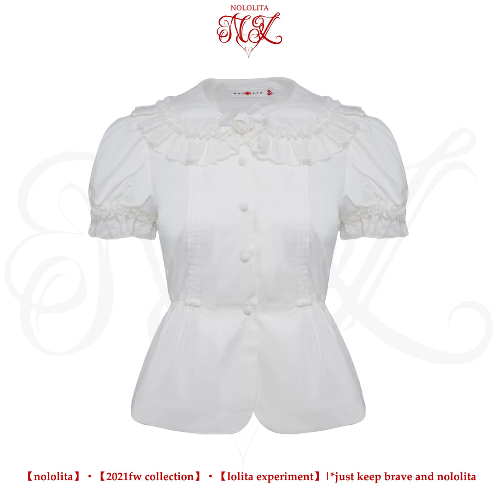 Nololita Nightingale white vintage doll collar Lolita blouse with puffed sleeves and neck bow