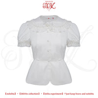 Nololita - Nightingale - Doll-Collar Blouse with Sleeve, Bow Tie and Lace Sock Options - Natural color shirt / XS